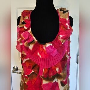 LOFT Women's Multicolor Watercolor Floral Dress w/ Ruffle Neckline Sz M